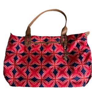 Stella & Dot "How Does She Do It" Tote Bag Red/Orange/Navy Medallion Design Gold